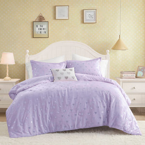 JLA Home Mi Zone - Metallic Rosalie Plush Comforter Set with Shimmer Heart Print, OEKO-TEX Certified Cozy Luxury Purple/Silver MZ10-0574