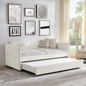 English Elm Daybed With Trundle - Elegant Tufted Sofa Bed In Soft Beige Boucle For Stylish Small Spaces & Guests W1413S00092