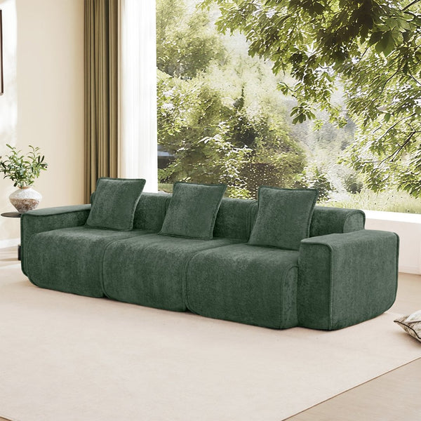 English Elm Streamlined Modular Cloud Sofa Three Seat Velvet Cushions with French Piping for Living Rooms Green W3041S00365