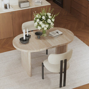 English Elm 55.11"-70.86" Extendable Dining Table with Sculpted Striped Legs Seats Six in Modern Style Ancient White W757P411790