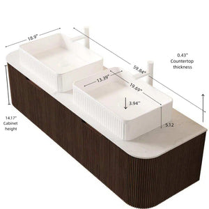 English Elm Dina 60 Inch Floating Bathroom Vanity Sintered Stone Top Dual Glass Basins Wood Grain Dark Walnut,White W2615S00171