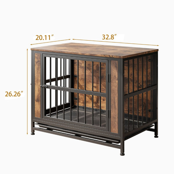English Elm Dog Crate Furniture Wooden Kennel with Iron Frame Rustic Side Table for Small Pets W840P203066