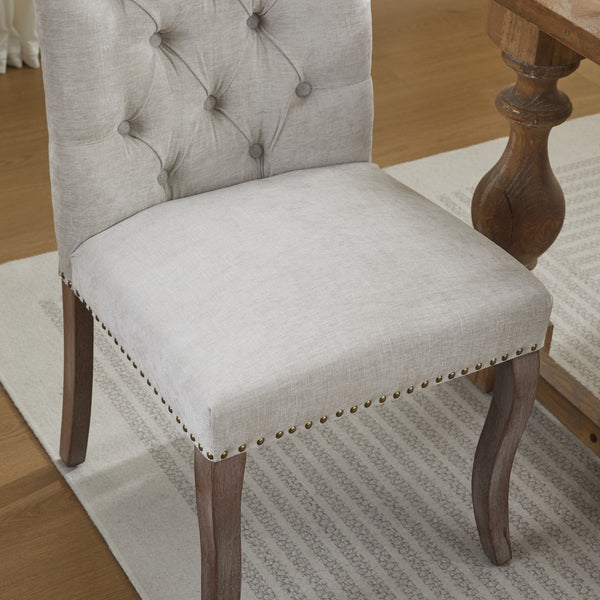 English Elm Upholstered Chenille Tufted Dining Chairs Set of 2 with Curved Wood Legs Club Style Beige W1143P457780