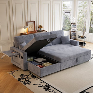 English Elm Sectional Sleeper Sofa Corduroy Cloud Couch with Storage Chaise and Usb Charging Ports Gray W1825S00075