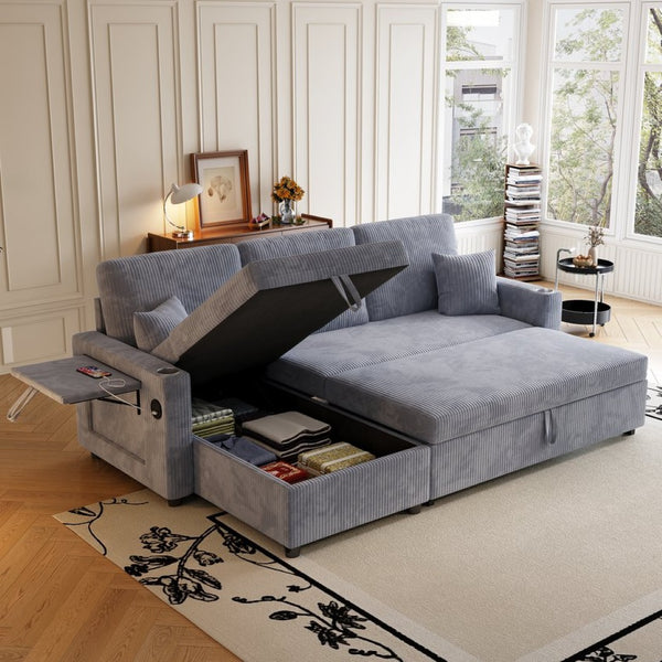 English Elm Sectional Sleeper Sofa Corduroy Cloud Couch with Storage Chaise and Usb Charging Ports Gray W1825S00075