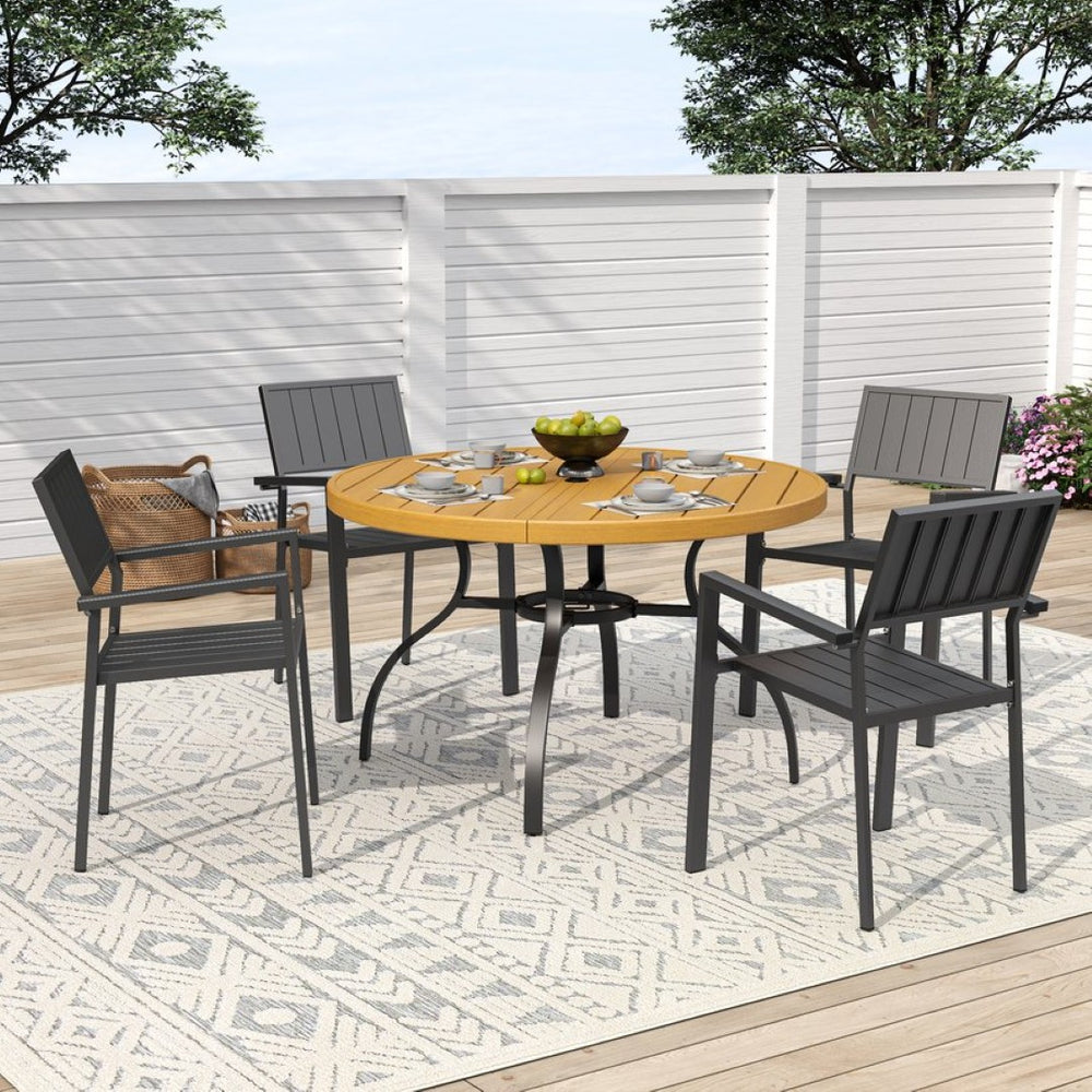English Elm 5-piece Outdoor Dining Set Round Slatted Table with Umbrella Hole and Stackable Chairs Black+Natural W3979S00050