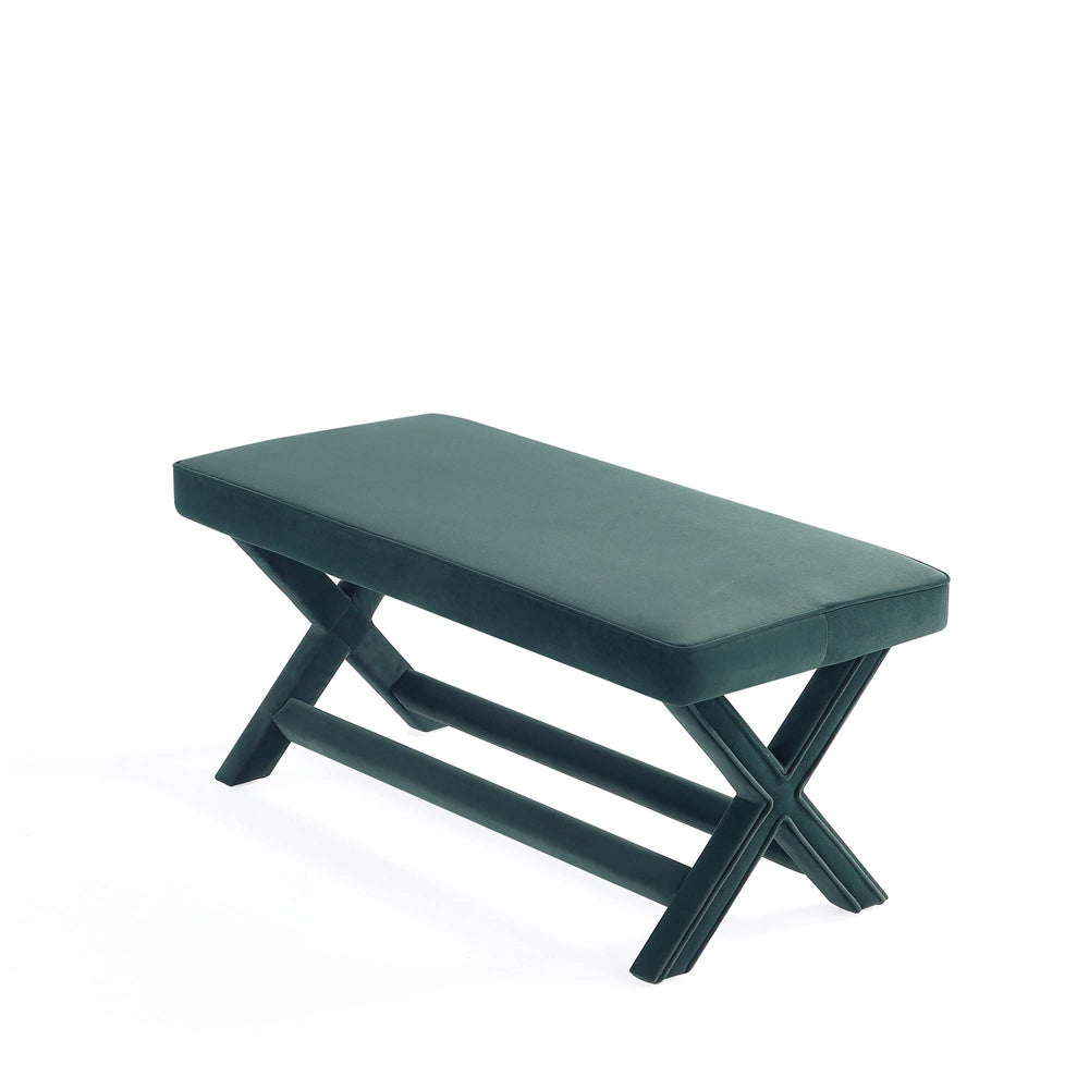 English Elm Abigail Velvet Upholstered Accent Bench in Forest Green with Solid Wood X-Leg Frame, Plush Cushion B365P398206