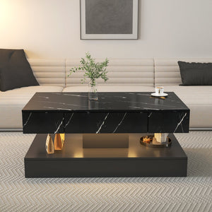 English Elm 16.93IN LED Coffee Table with Remote RGB Lighting, Spacious Drawer, Melamine Finish, Modern Elegance Black W331P269986