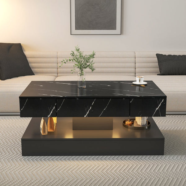 English Elm 16.93IN LED Coffee Table with Remote RGB Lighting, Spacious Drawer, Melamine Finish, Modern Elegance Black W331P269986