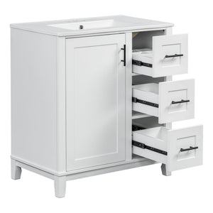 English Elm 30-inch Modern Bathroom Vanity with Ceramic Basin, Rubberwood Frame, Soft-Close Drawers & Organized Storage White N729P290689K