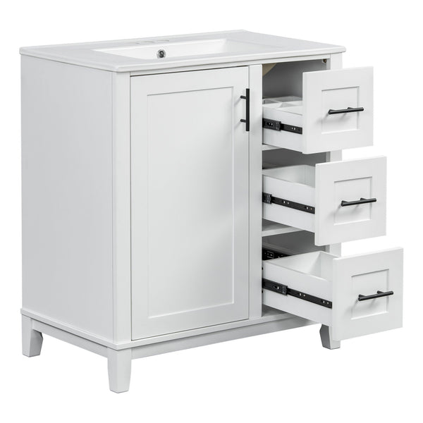 English Elm 30-inch Modern Bathroom Vanity with Ceramic Basin, Rubberwood Frame, Soft-Close Drawers & Organized Storage White N729P290689K