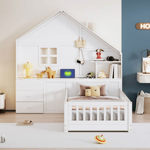 English Elm Twin House Bed Frame with Drawers Shelves and Usb Charging for Kids Bedroom LT000422AAK-1