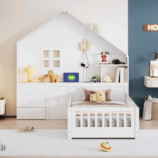 English Elm Twin House Bed Frame with Drawers Shelves and Usb Charging for Kids Bedroom LT000422AAK-1