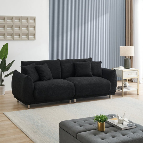 English Elm 86.6 Inch Teddy Fleece Three-seat Sofa with Silver Legs and Four Plush Pillows Black W1658S00158