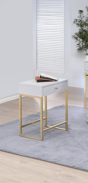 English Elm Coleen Contemporary White Veneer Accent Table with Brass Metal Base and Storage Drawer B2726P270971