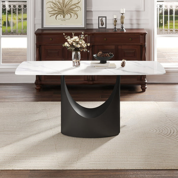 English Elm 63" Modern Sintered Stone Dining Table With Curved White Panel & Black Iron Legs - Seats 6-8 People! W1535S00558