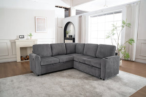 English Elm Sectional Corduroy Sleeper Sofa with Storage and Charging Ports for Small Spaces Grey W1361S00077