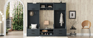 English Elm 4-in-1 Modular Entryway Hall Tree with Seven Hooks Drawers and Antique Blue Bench W1580S00491
