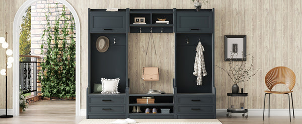 English Elm 4-in-1 Modular Entryway Hall Tree with Seven Hooks Drawers and Antique Blue Bench W1580S00491
