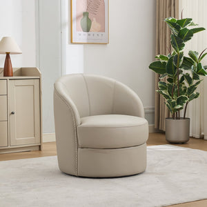English Elm Gream Cream Top-Grain Leather Swivel Chair — 360° Smooth Spin, Riveted Mid-Century Lounge for Home Office W570P386956