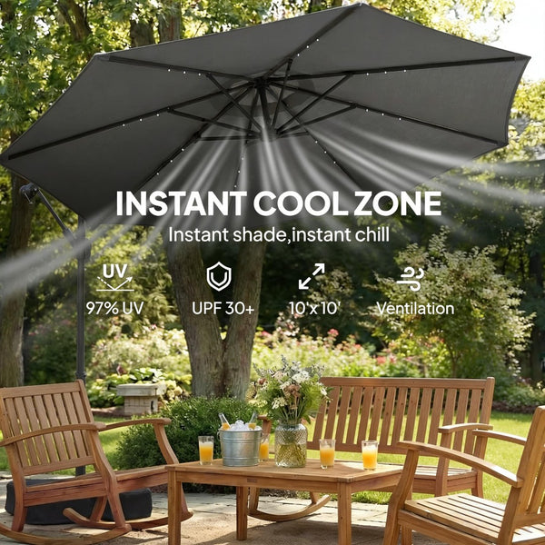 English Elm Garden Cantilever Patio Umbrella with Solar Led Lights and Upf30 Polyester Canopy Dark Gray T3971P481952