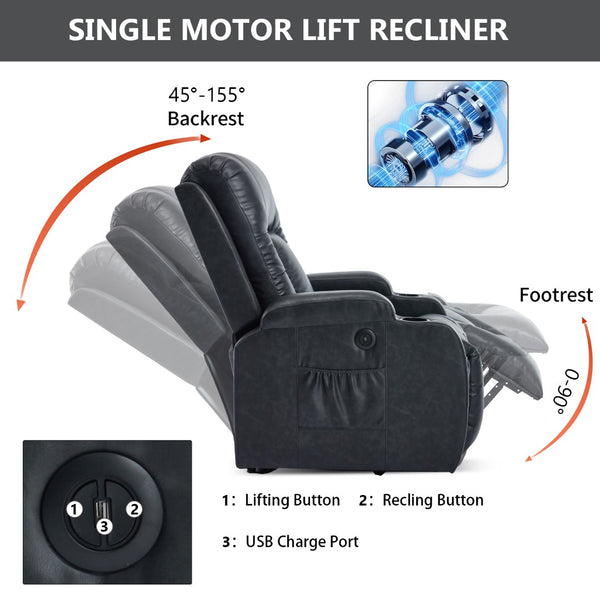 English Elm Beige Pu Leather Power Lift Recliner with Massage Lumbar Heat and Usb Charging Gray W1803S00084
