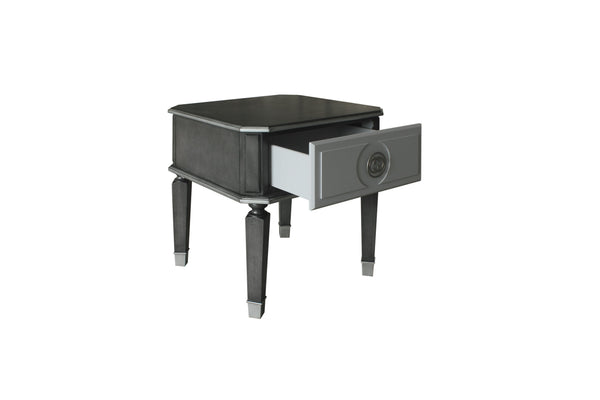 English Elm House Beatrice Charcoal & Light Gray End Table with Drawer, Silver Trim, KD Assembly, Modern Chic B2726P244956