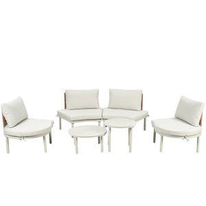 English Elm TOPMAX 6-Piece Modular Patio Sofa Set with 2 High-Low Coffee Tables, PE Wicker, Tempered Glass, Cushioned Comfort and Versatile Outdoor Configuration Beige SP100028AAA