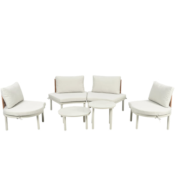 English Elm TOPMAX 6-Piece Modular Patio Sofa Set with 2 High-Low Coffee Tables, PE Wicker, Tempered Glass, Cushioned Comfort and Versatile Outdoor Configuration Beige SP100028AAA
