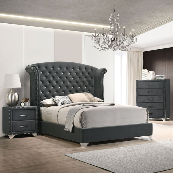 English Elm Kennedy Glam Grey Upholstered Queen Wingback Bed with Diamond Tufting, Chrome Nailhead Trim, Luxe B062S01347