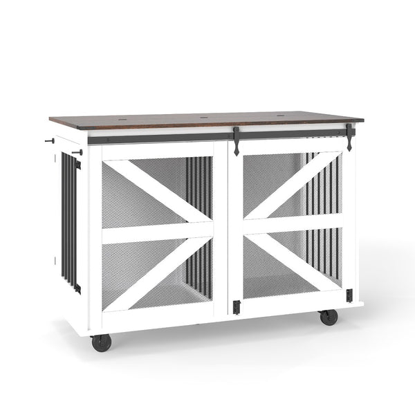 English Elm 47.2" Double Dog Crate Farmhouse Console with Rolling Casters and Barn Doors W2557P330269