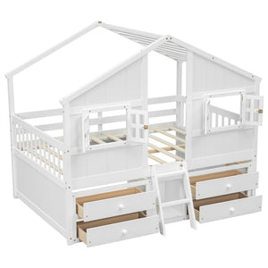 English Elm Full Size House Loft Bed With Roof & Windows, 4 Storage Drawers, Pine Wood, Safe Guardrails & Ladder W504S00242