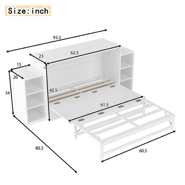 English Elm Queen Murphy Wall Bed with Open Shelves and Drawers for Guest or Office Rooms White W5316S00007