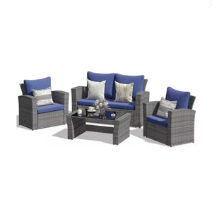 English Elm 4-piece Outdoor Wicker Conversation Set with Tempered Glass Table and Resort Style Blue+Brown B082S00057