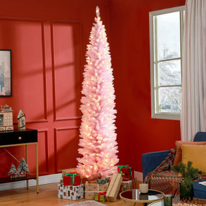 English Elm Homcom 8' Tall Slim Pink Noble Fir Christmas Tree With 300 Led Lights - Elegant Holiday Decor! W2225P249658