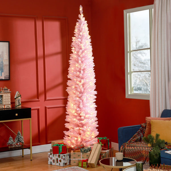 English Elm Homcom 8' Tall Slim Pink Noble Fir Christmas Tree With 300 Led Lights - Elegant Holiday Decor! W2225P249658