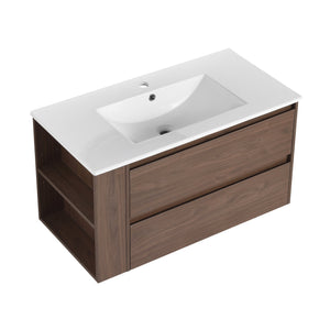 English Elm 36" Wall Mount Bathroom Vanity With High-Quality Ceramic Sink & Soft-Close Drawers For Storage W999S00143