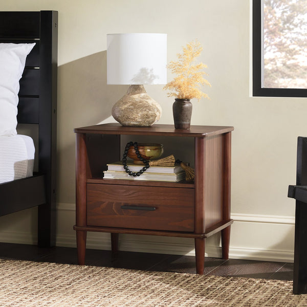 English Elm Walker Edison - Transitional Solid Pine Spindle Nightstand with Drawer and Open Cubby, Minimalist Handles, Low-Profile Walnut 26 L x 18.75 W x 5.5 H B185P168939