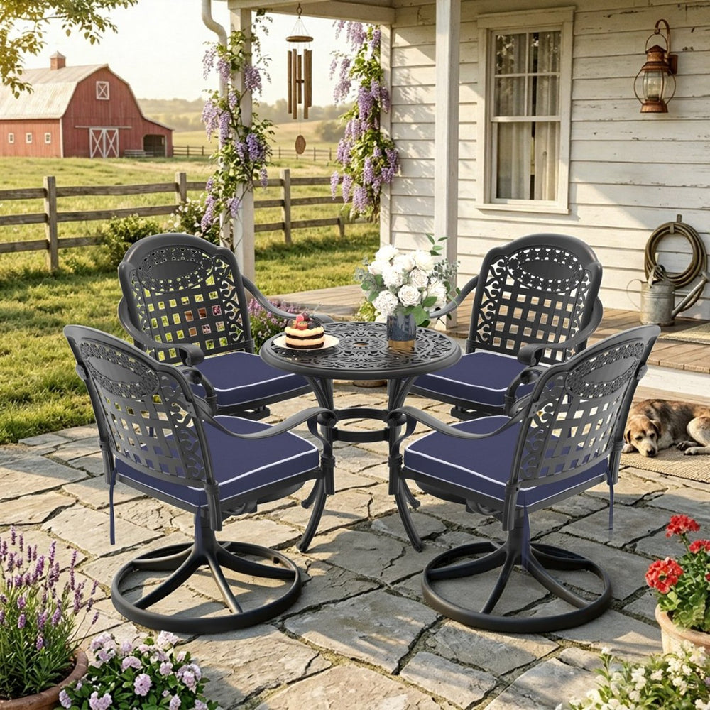 English Elm 5-piece Outdoor Cast Aluminum Bistro Set with Ornate Swivel Chairs and Round Patio Table W1710S00683