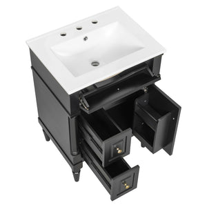 English Elm 24 Inch Freestanding Vanity with Ceramic Sink Rubberwood Frame Matte Finish Storage Black N725P356058B