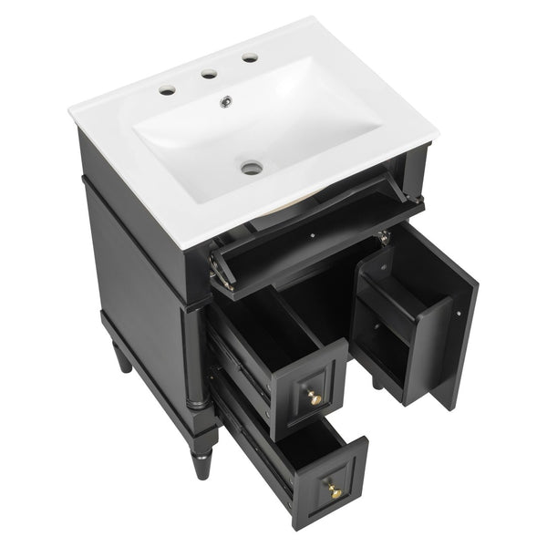 English Elm 24 Inch Freestanding Vanity with Ceramic Sink Rubberwood Frame Matte Finish Storage Black N725P356058B
