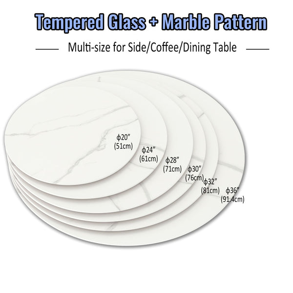 English Elm 30"inch Round Tempered Glass Tabletop Marble Pattern Indoor Outdoor Patio Dining White W241P361456