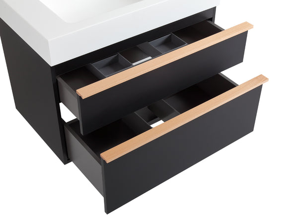 English Elm VELA 30 Inch Wall Mounted Bathroom Vanity with Integrated Acrylic Sink, Dual Wood Handles, Soft-Close Drawers, Matte Finish Black W3235P327617