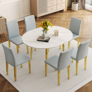 English Elm Table and Chair Set Extendable Mdf Round Oval Dining with 6 Gray Pu Seats W1151S04832