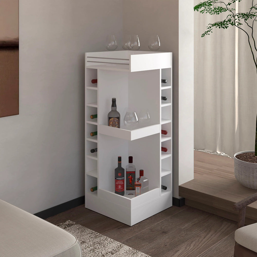English Elm White Tall Bar Cabinet with Wine Rack, Open Shelves & Modern White Finish for Stylish Storage and Display B062P290258