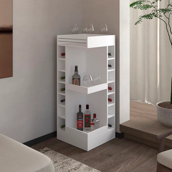 English Elm White Tall Bar Cabinet with Wine Rack, Open Shelves & Modern White Finish for Stylish Storage and Display B062P290258