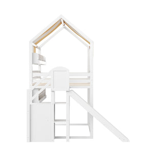 English Elm Full Size Wood Loft Bed with Canopy Slide and Built in Bookshelves for Kids White N7090005021K