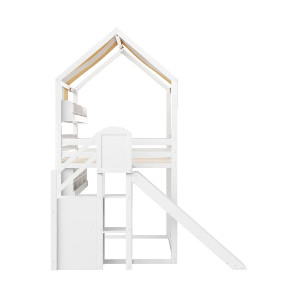 English Elm Full Size Wood Loft Bed with Canopy Slide and Built in Bookshelves for Kids White N7090005021K