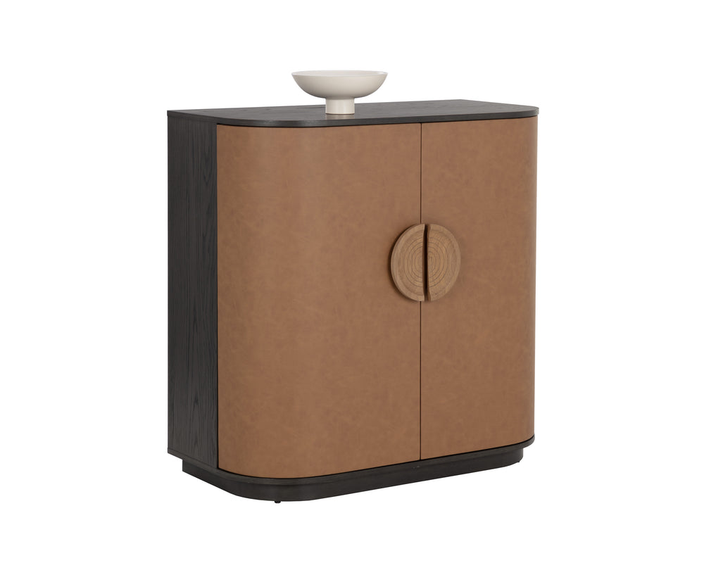 Sunpan Dresden Bar Cabinet - Mid-Century Elegance with Smoke Grey Oak, Faux Leather Doors & Wine Storage