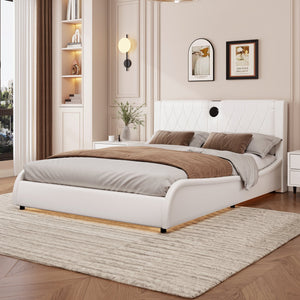 English Elm King Luxurious Faux Leather Upholstered Platform Bed with Storage Headboard, Bluetooth Speakers & RGB Lights White 78.35 L x 19.69 W x 12.99 H N701P241048C